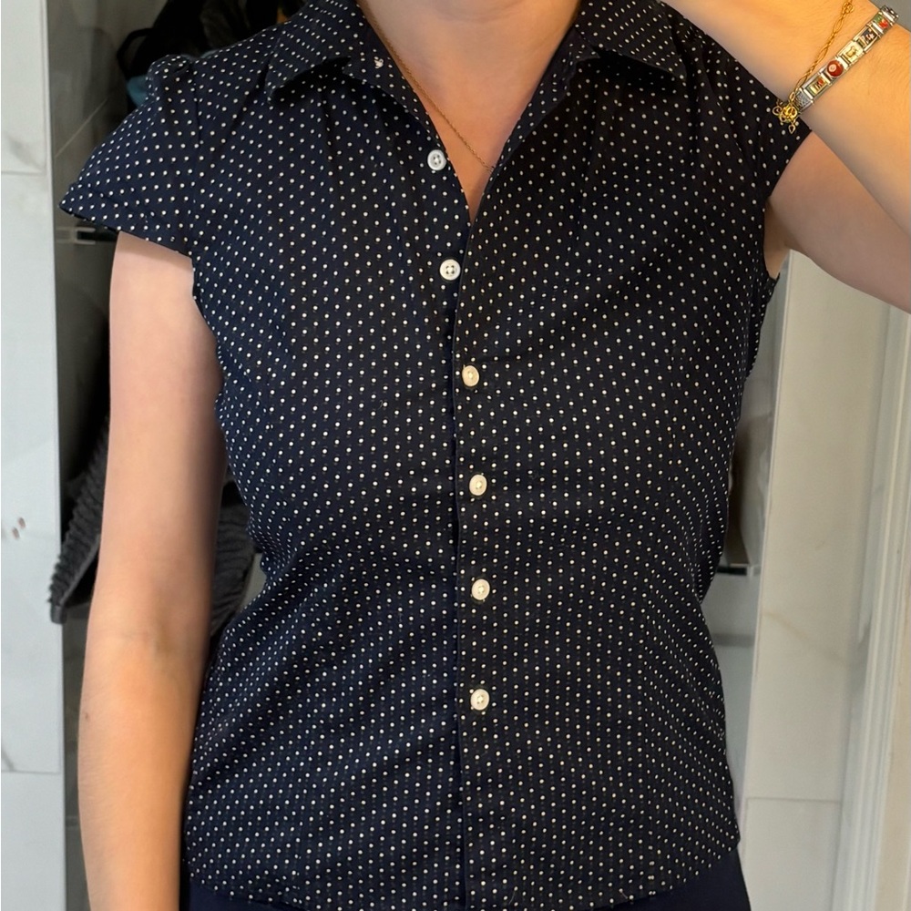 Brandy Melville Navy Blue Polka Dot Button-Up Top